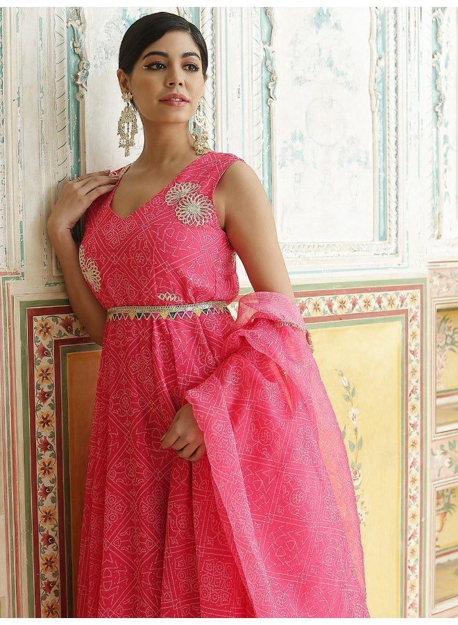 AKS Pink Georgette Bandhani Printed Anarkali & Pant With Dupatta - Image 2