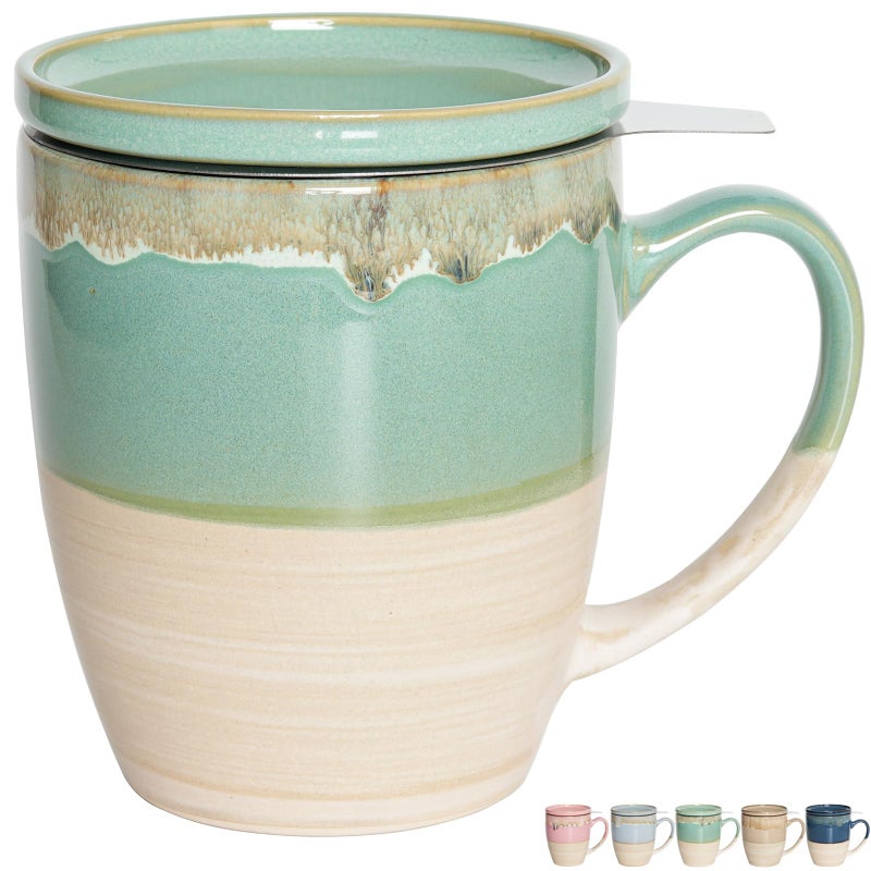 Bosmarlin Ceramic Tea Cup with Infuser and Lid 16 Oz Dishwasher and Microwave Safe 5 Colors to Choose Reactive Glaze Steeping Tea Mug with Strainer Green