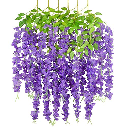 Tdas Artificial Flower Wisteria Hanging Vine for Home Decoration Plants Plastic Flowers Decor Items Decorative Bunch Creepers Garlands Leaves Wedding Room, 110 CM (Purple, 6) - Image 1