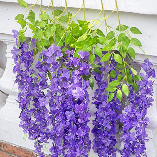Tdas Artificial Flower Wisteria Hanging Vine for Home Decoration Plants Plastic Flowers Decor Items Decorative Bunch Creepers Garlands Leaves Wedding Room, 110 CM (Purple, 6) - Image 3
