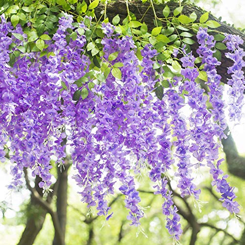 Tdas Artificial Flower Wisteria Hanging Vine for Home Decoration Plants Plastic Flowers Decor Items Decorative Bunch Creepers Garlands Leaves Wedding Room, 110 CM (Purple, 6) - Image 5