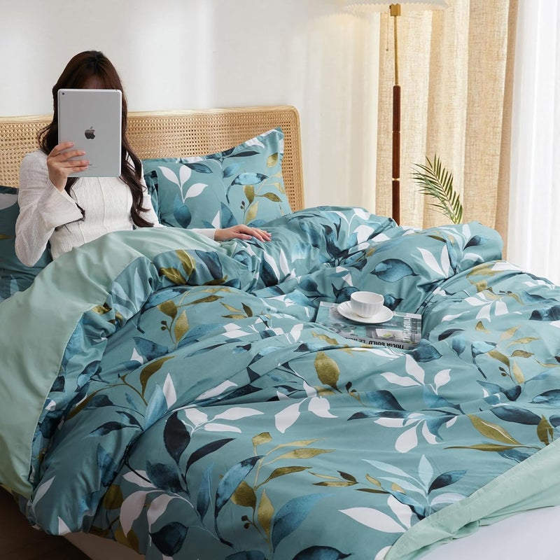 PHF Ultra Soft Floral Duvet Cover Twin Size, Printed Bedding Set 2 Pieces, Comfy Farmhouse Pattern Duvet Cover Set with 1 Pillow Shams, Zipper Closure and 6 Ties, 68"x90", Sage Green Botanical - Image 2