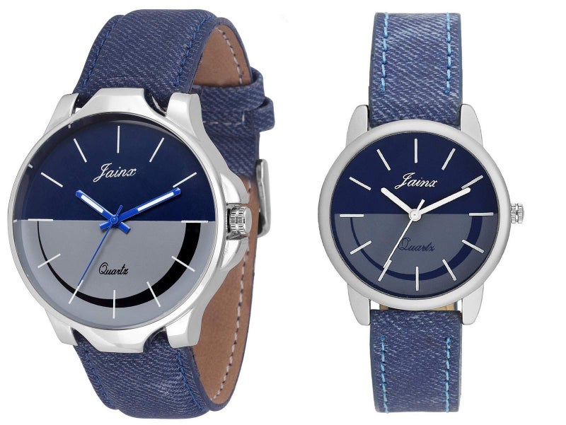 jainx Blue Denim Leather Strap Gift Set Analog Wrist Watch for Couple - JC439 - Image 1