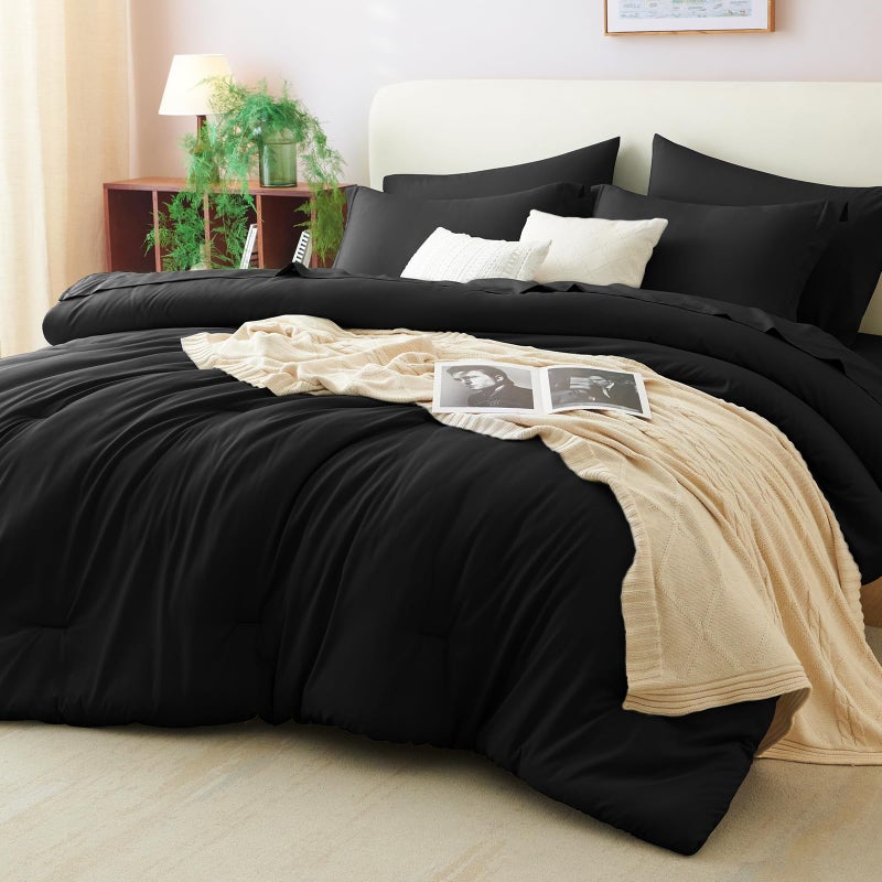 CozyLux King Comforter Set Black, 7 Pieces Bed in a Bag Soft Bedding Comforter Set with Sheets, All Season Boho 7PC Bed Sets with Comforter, Fitted Sheets, Flat Sheets, Pillow Shams and Pillowcases - Image 1