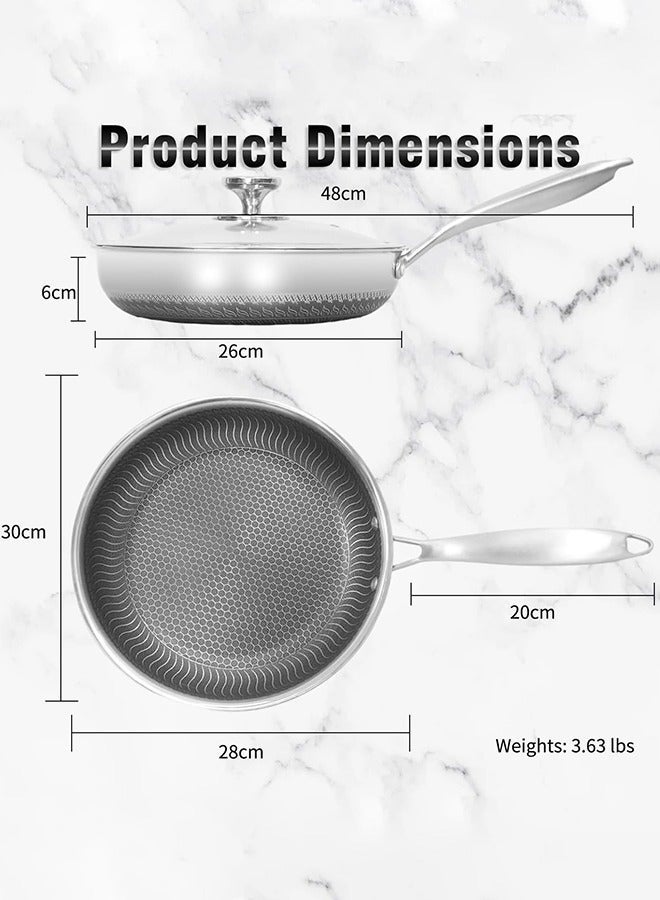 Bukela 28CM Stainless Steel Frying Pan with Lid, Nonstick Fry Pan with Honeycomb Carving, Induction Skillet Compatible with All Cooktops, Stay-Cool Handle, Dishwasher & Oven Safe, Non-Toxic - Image 3