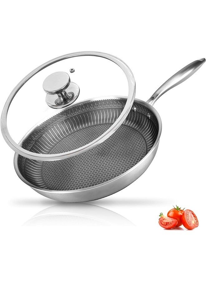 Bukela 28CM Stainless Steel Frying Pan with Lid, Nonstick Fry Pan with Honeycomb Carving, Induction Skillet Compatible with All Cooktops, Stay-Cool Handle, Dishwasher & Oven Safe, Non-Toxic - Image 1