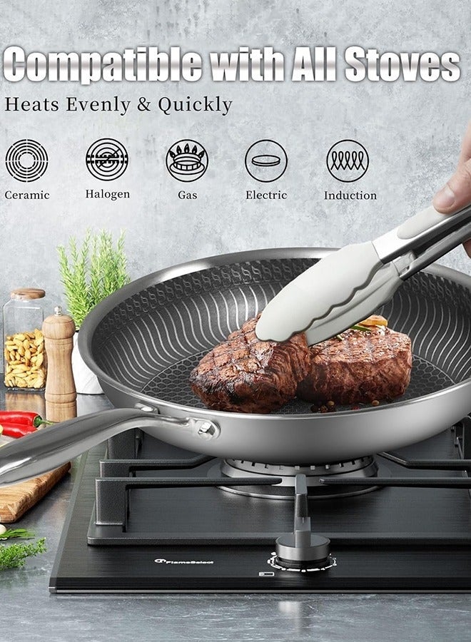 Bukela 28CM Stainless Steel Frying Pan with Lid, Nonstick Fry Pan with Honeycomb Carving, Induction Skillet Compatible with All Cooktops, Stay-Cool Handle, Dishwasher & Oven Safe, Non-Toxic - Image 2
