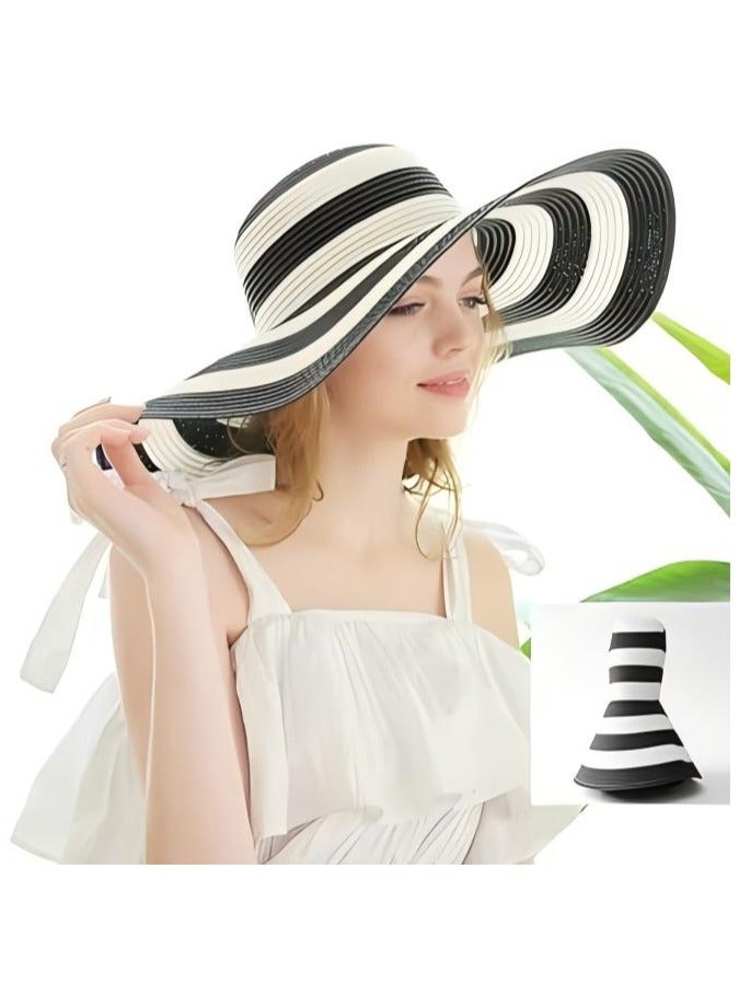 DUNISO Beach Straw Sun Hat for Women,Foldable Wide Brim Cap, UPF 50+ UV Protection, Black and White Striped Straw Hat, Packable Summer Travel Floppy Hat ﻿ - Image 1