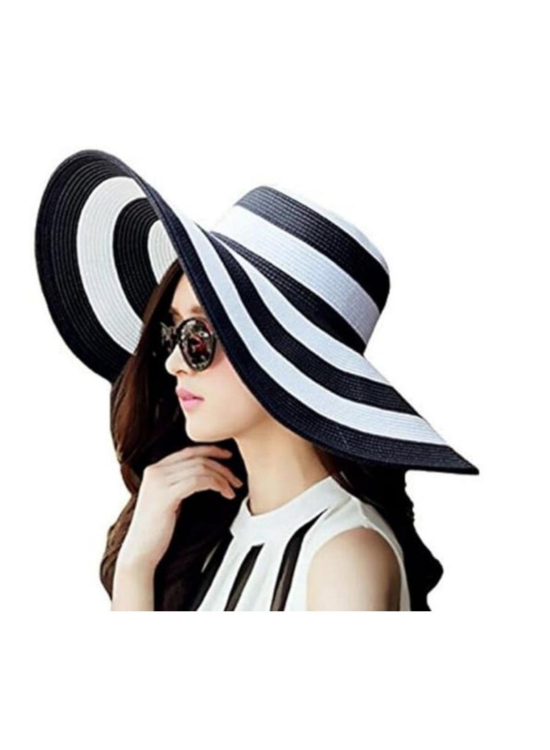 DUNISO Beach Straw Sun Hat for Women,Foldable Wide Brim Cap, UPF 50+ UV Protection, Black and White Striped Straw Hat, Packable Summer Travel Floppy Hat ﻿ - Image 3