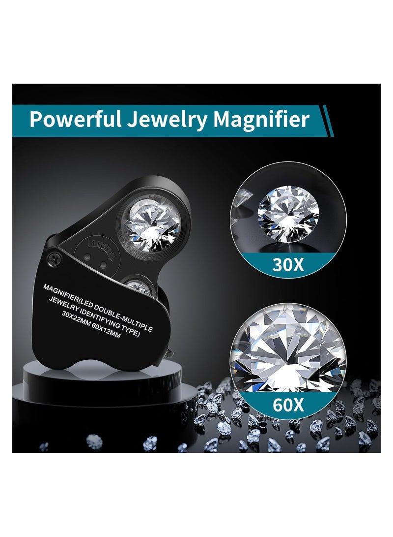 عدسة مكبرة للمجوهرات قابلة للطي مع تكبير 30X و60X وإضاءة LED ساطعة مثالية لفحص الأحجار الكريمة والمجوهرات والعملات المعدنية والطوابع والمزيد - Image 3