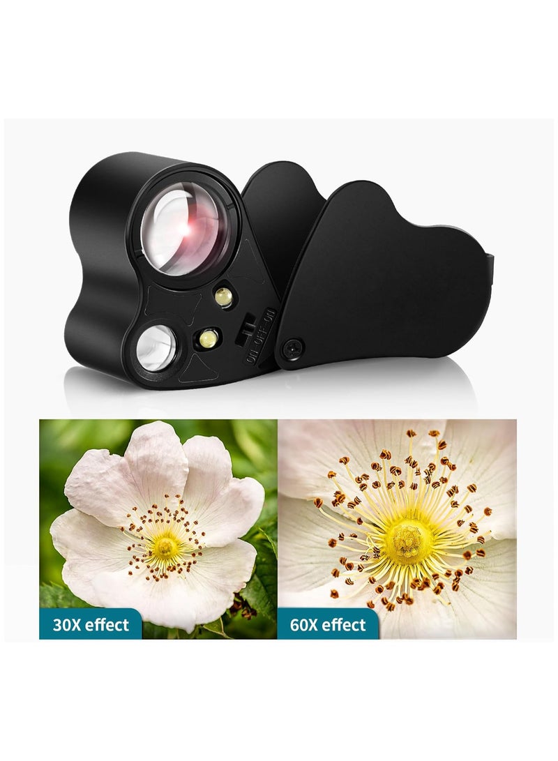 عدسة مكبرة للمجوهرات قابلة للطي مع تكبير 30X و60X وإضاءة LED ساطعة مثالية لفحص الأحجار الكريمة والمجوهرات والعملات المعدنية والطوابع والمزيد - Image 4