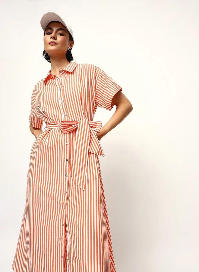 High Star Orange Striped Midi Dress with Tie-Belt