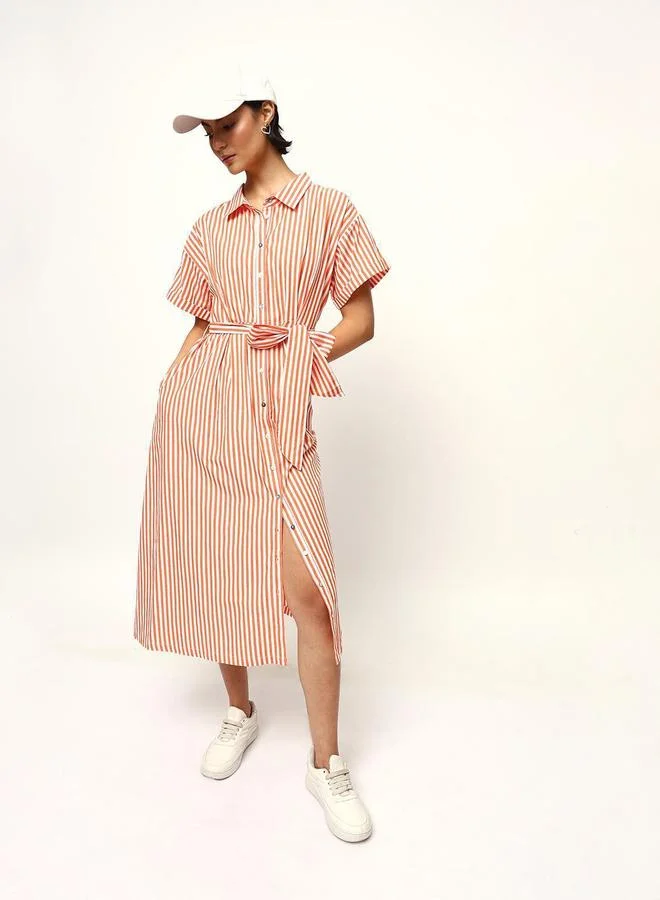 High Star Orange Striped Midi Dress with Tie-Belt