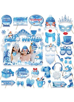 HOWAF HOWAF 31pcs Winter Photo Booth Props with Hello Winter Paper Photo Frame, Snowflake Frozen Party Decorations Photo Props for Winter Wonderland Xmas Holiday Party Supplies Selfie Frame Photo Props  - Image 1