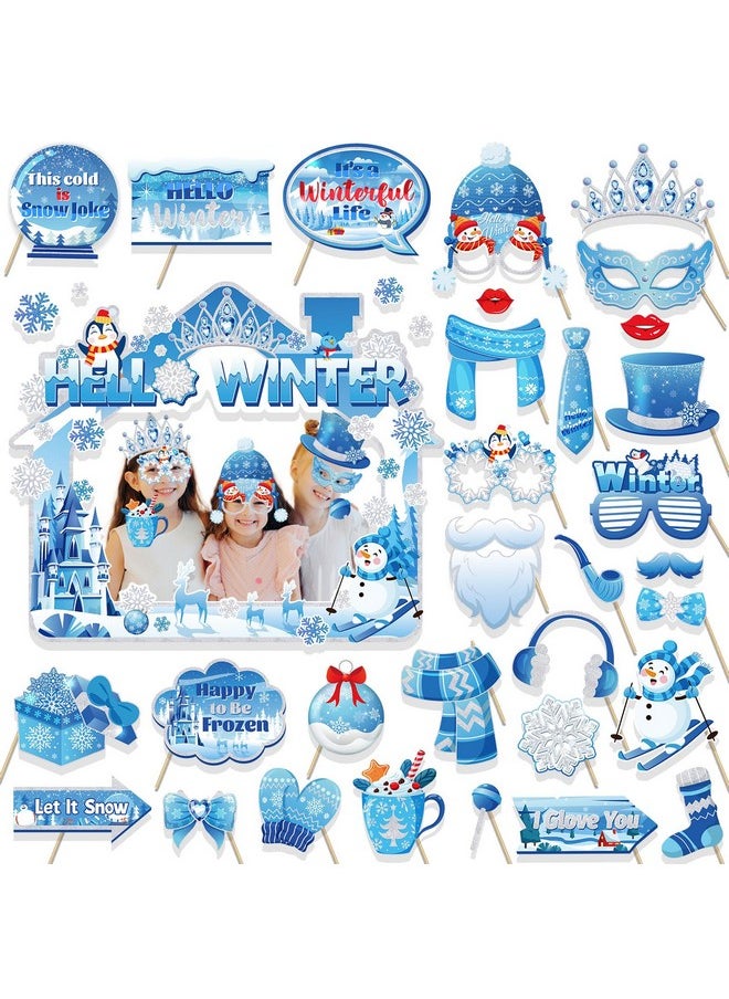 HOWAF - HOWAF 31pcs Winter Photo Booth Props with Hello Winter Paper Photo Frame, Snowflake Frozen Party Decorations Photo Props for Winter Wonderland Xmas Holiday Party Supplies Selfie Frame Photo Props - Image 1