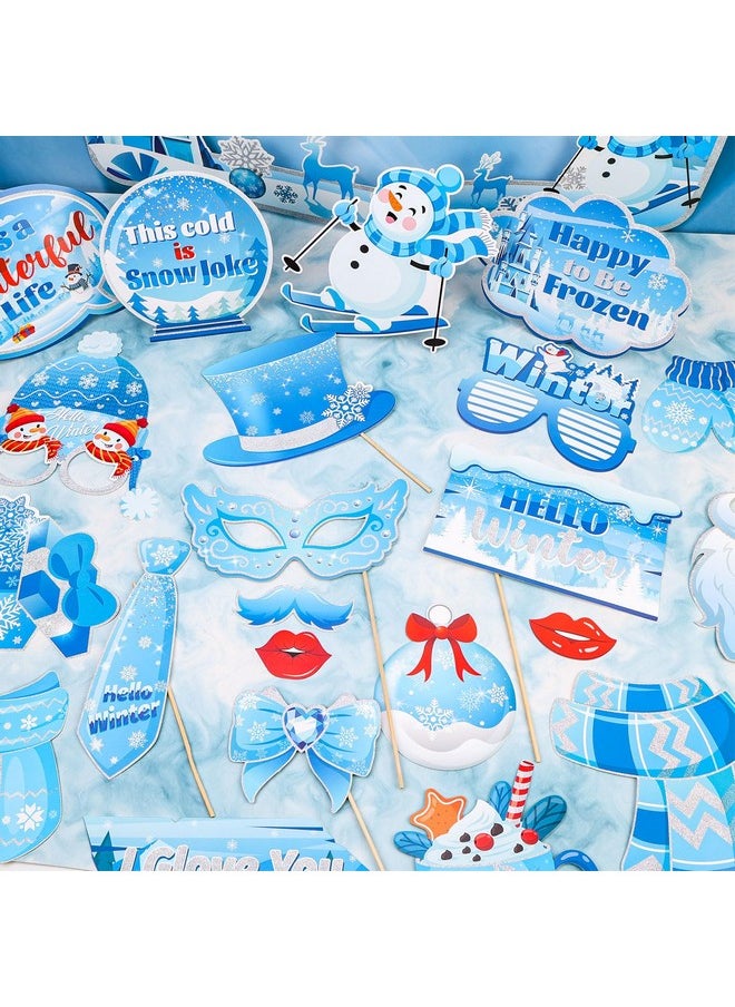 HOWAF - HOWAF 31pcs Winter Photo Booth Props with Hello Winter Paper Photo Frame, Snowflake Frozen Party Decorations Photo Props for Winter Wonderland Xmas Holiday Party Supplies Selfie Frame Photo Props - Image 1