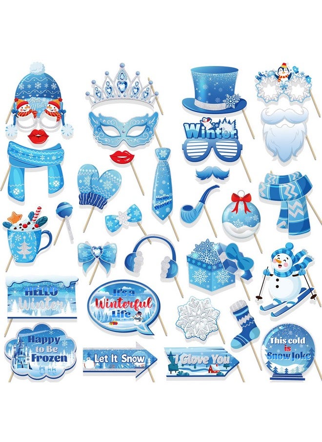 HOWAF - HOWAF 31pcs Winter Photo Booth Props with Hello Winter Paper Photo Frame, Snowflake Frozen Party Decorations Photo Props for Winter Wonderland Xmas Holiday Party Supplies Selfie Frame Photo Props - Image 1