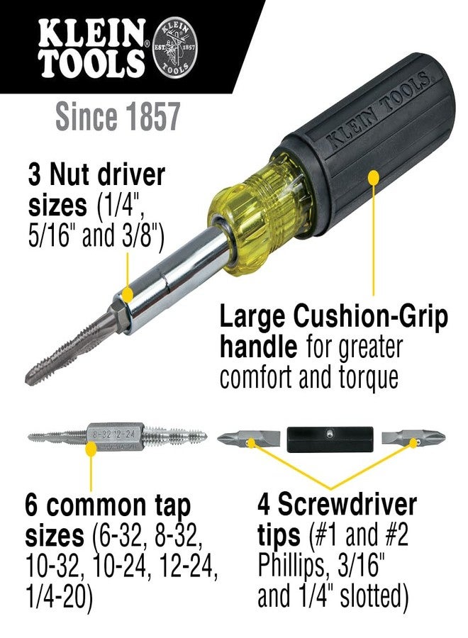 Klein Tools 32517 Multi-Bit Screwdriver / Tap Tool with 6 Common Tap Sizes, 4 Screwdriver Tips, and 3 Nut Driver Sizes - Image 2