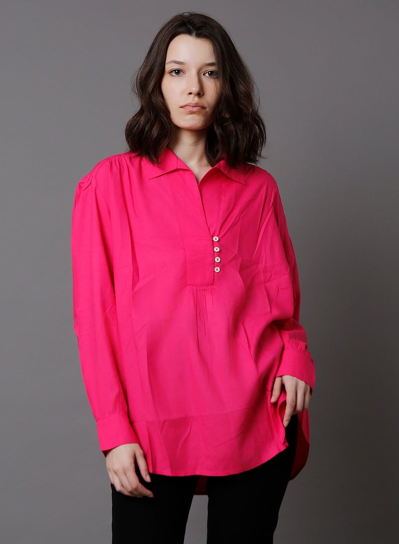 HIGH STAR Shirt Collar Cuffed Sleeves Cotton Shirt Style Top for Women - Image 1