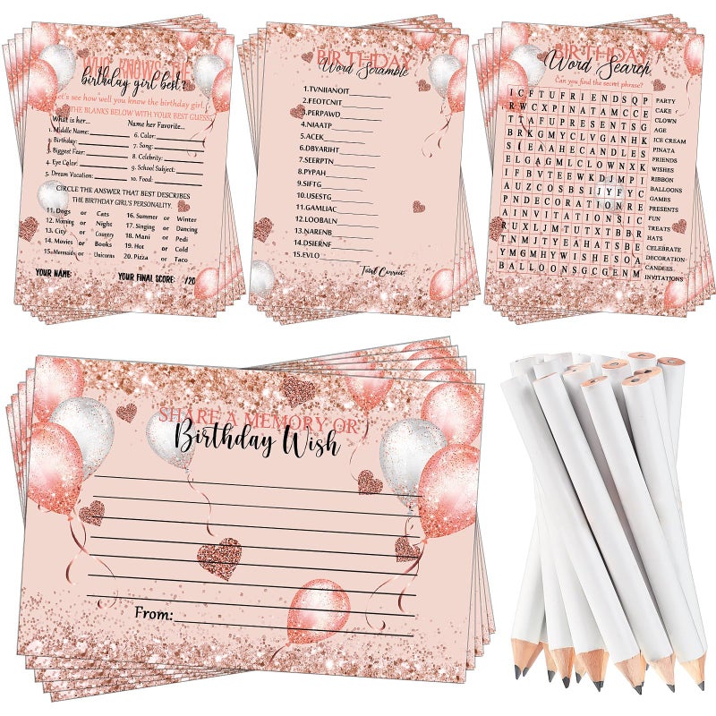 Fumete 100 Pcs Who Knows The Birthday Girl Best Cards with 20 Pre Pointed Pencils Set for 20 Guests Girls Birthday Night Game Ideas Girls Her Sleepover Party Supplies 4 ActivitiesBalloon - Image 2