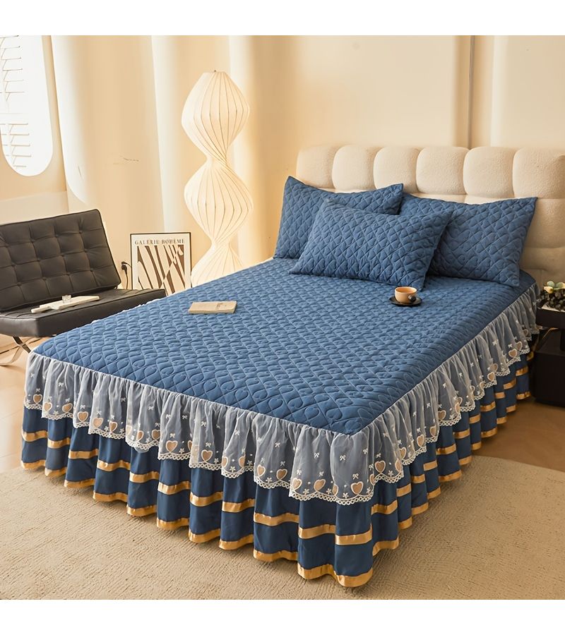 3pcs Premium Queen Bed Skirt Set Quilted Padded Lace Trim Bedding Includes 1 Bed Skirt And 2 Pillowcases Skin Friendly Breathable Soft Comfortable Thickened Warm Bedding For Autumn Winter Non Slip Mattress Protector Sea Blue - Image 4