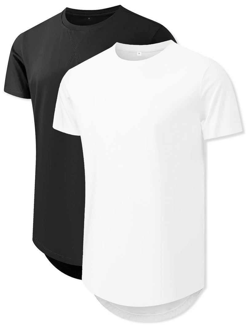 Comdecevis Mens 2 Pack Cotton T Shirts Crewneck Hipster Hip Hop Longline Gym Workout Athletic Shirts, XXL, Black/White - Image 1