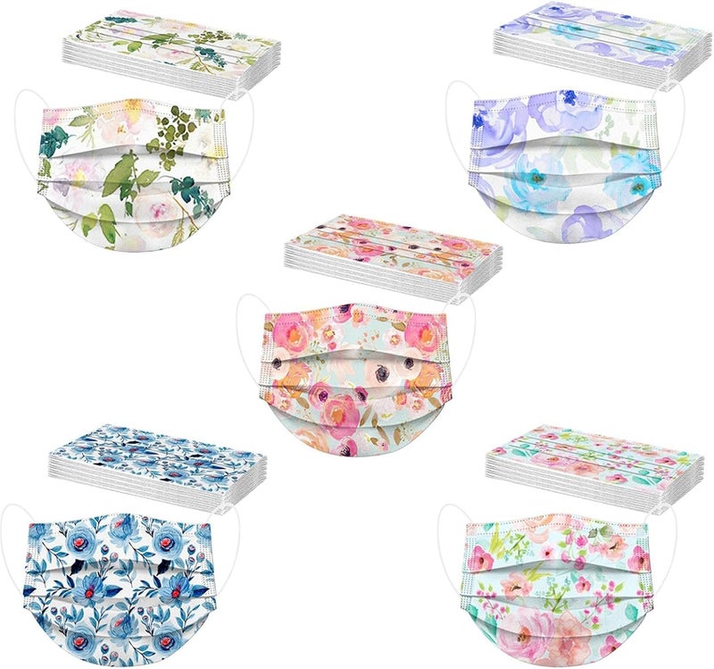 woobles 50PCS Spring Floral Disposable Face Masks for Women Adults with Design Colored Flower Paper Masks Full Face Protection B - Image 1