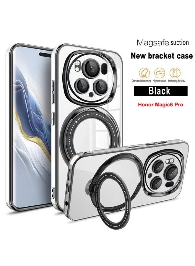 جراب لهاتف Honor Magic 6 Pro 5G مع حامل حلقي مغناطيسي، متوافق مع جرابات الهواتف الفاخرة الصلبة المقاومة للصدمات والمتوافقة مع واقي عدسة الكاميرا (أسود) - Image 1