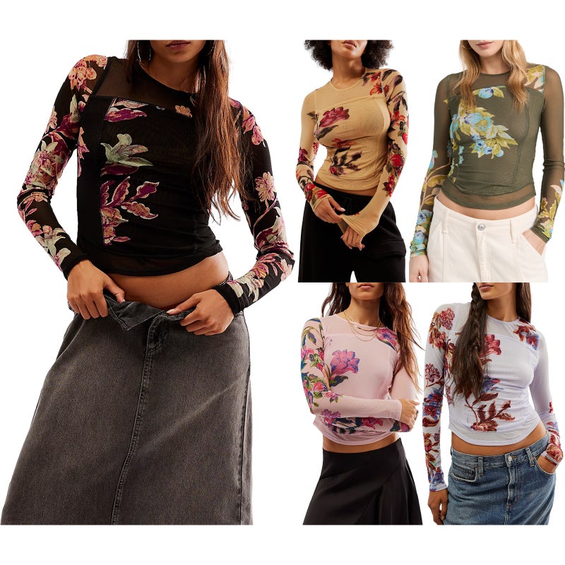 Selling Mesh Double Layer Digital Printed Flower Products Slim Long Sleeve T-Shirt For Women - Image 2