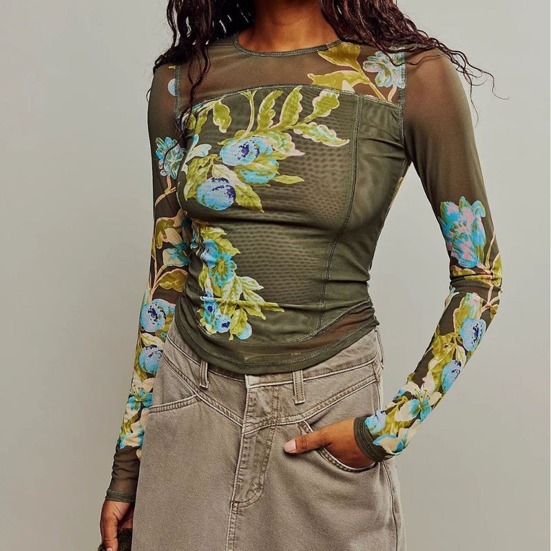 Selling Mesh Double Layer Digital Printed Flower Products Slim Long Sleeve T-Shirt For Women - Image 5