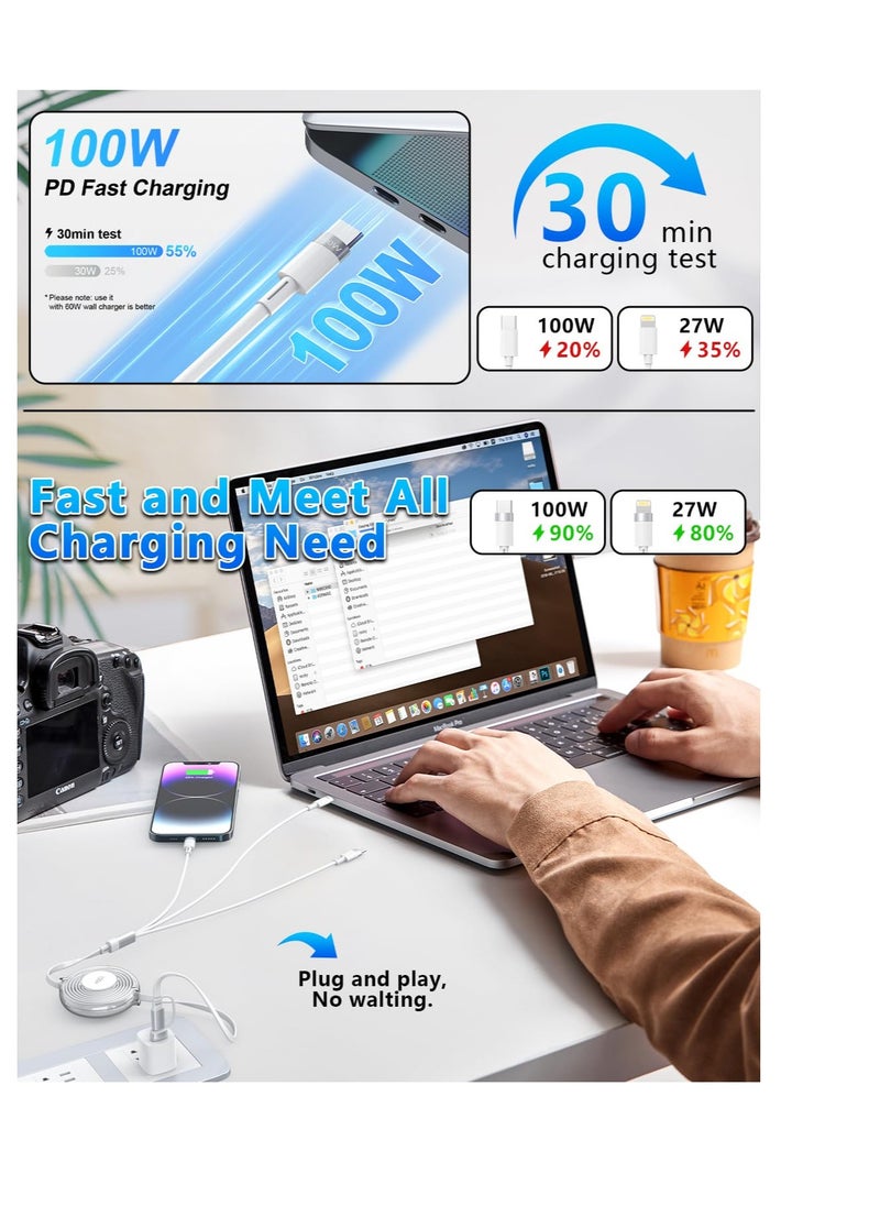 Multi Charging Cable, 100W USB C Fast Charging Cord Retractable, 5-in-1 Multi Charger Adapter Cord with Lightning, Micro, Type C for iPhone, iPad, Samsung Galaxy, LG, Tablets, White