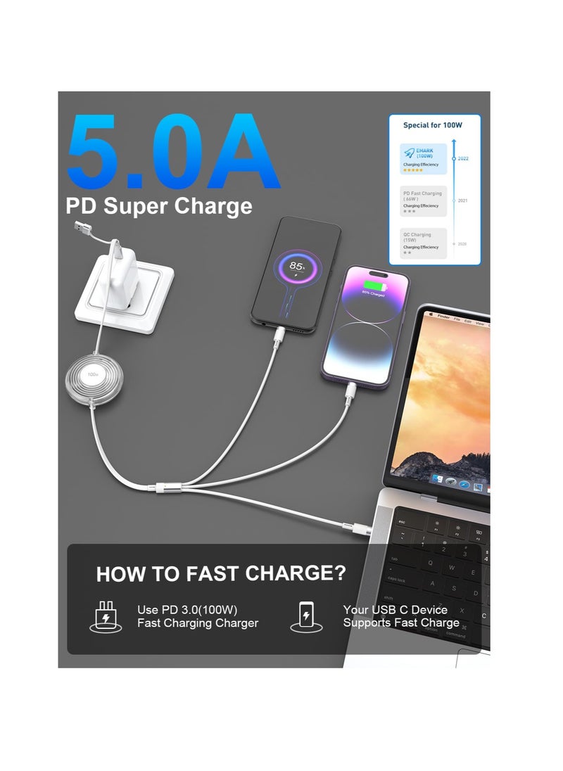 Multi Charging Cable, 100W USB C Fast Charging Cord Retractable, 5-in-1 Multi Charger Adapter Cord with Lightning, Micro, Type C for iPhone, iPad, Samsung Galaxy, LG, Tablets, White