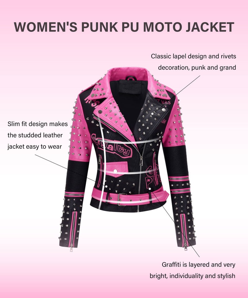 RISISSIDA Studded Leather Jacket Women Moto Motorcycle Faux Leather Short Coat Black-pink 0376 L - Image 5