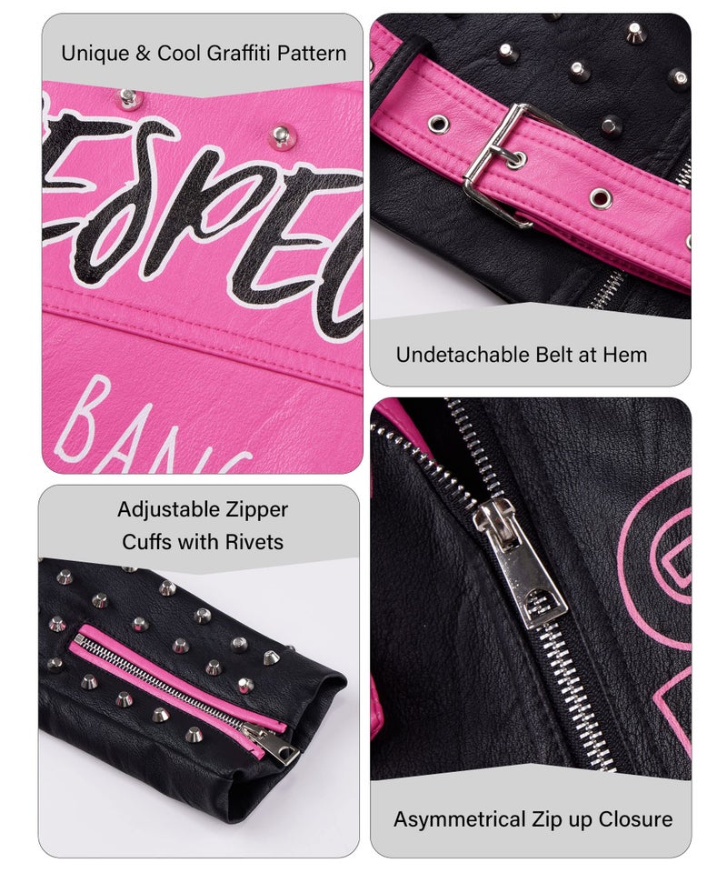 RISISSIDA Studded Leather Jacket Women Moto Motorcycle Faux Leather Short Coat Black-pink 0376 L - Image 4