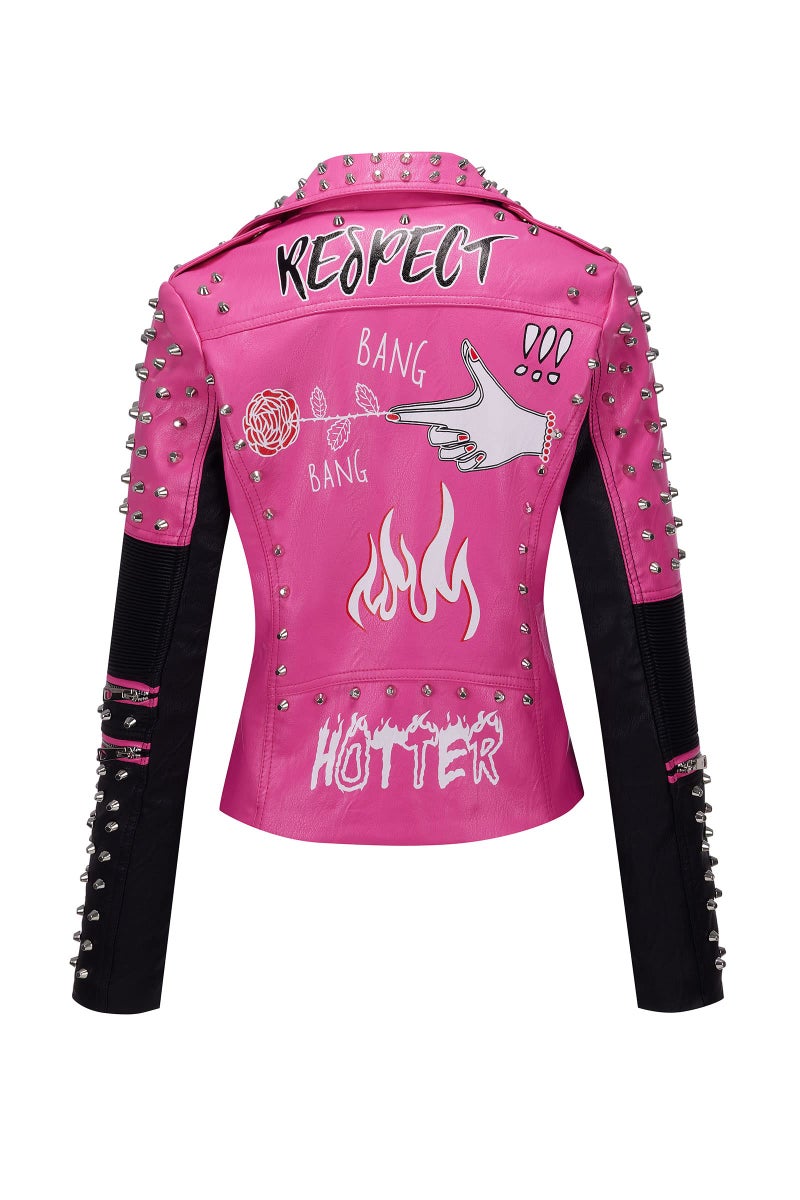 RISISSIDA Studded Leather Jacket Women Moto Motorcycle Faux Leather Short Coat Black-pink 0376 L - Image 3