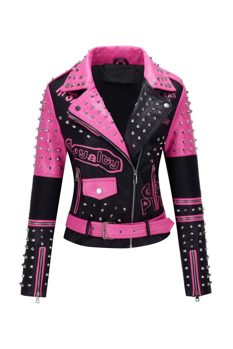 RISISSIDA Studded Leather Jacket Women Moto Motorcycle Faux Leather Short Coat Black-pink 0376 L - Image 1