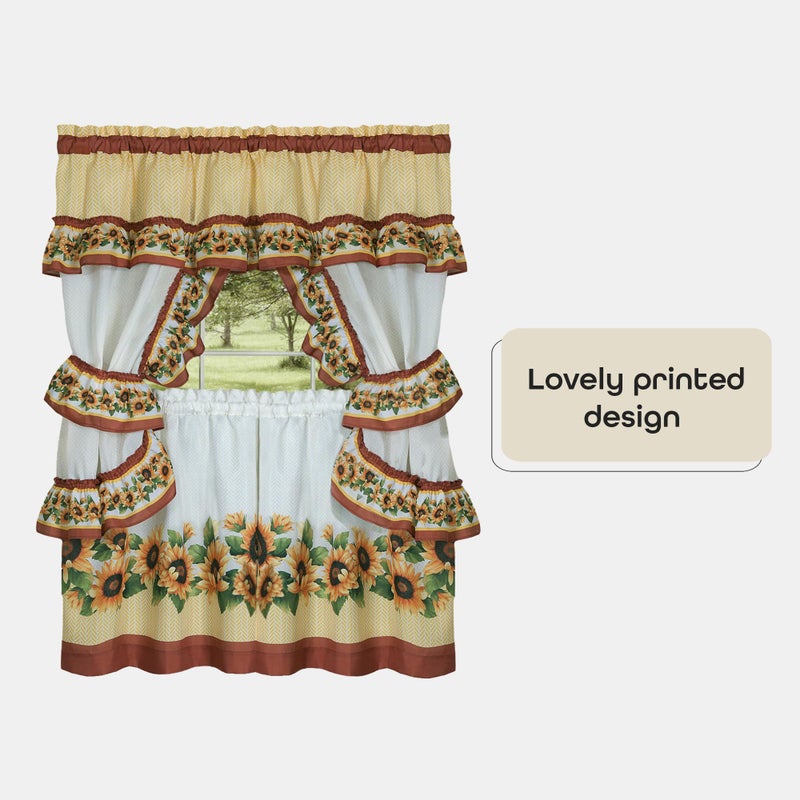 ACHIM Printed Cottage Window Curtain Set - 57 Inch Width, 36 Inch Length - Black Eyed Susan - Polyester Soft Window Treatment Include Valance, Attached Swaggers, Tiebacks & Two Tiers Home Decor - Image 3
