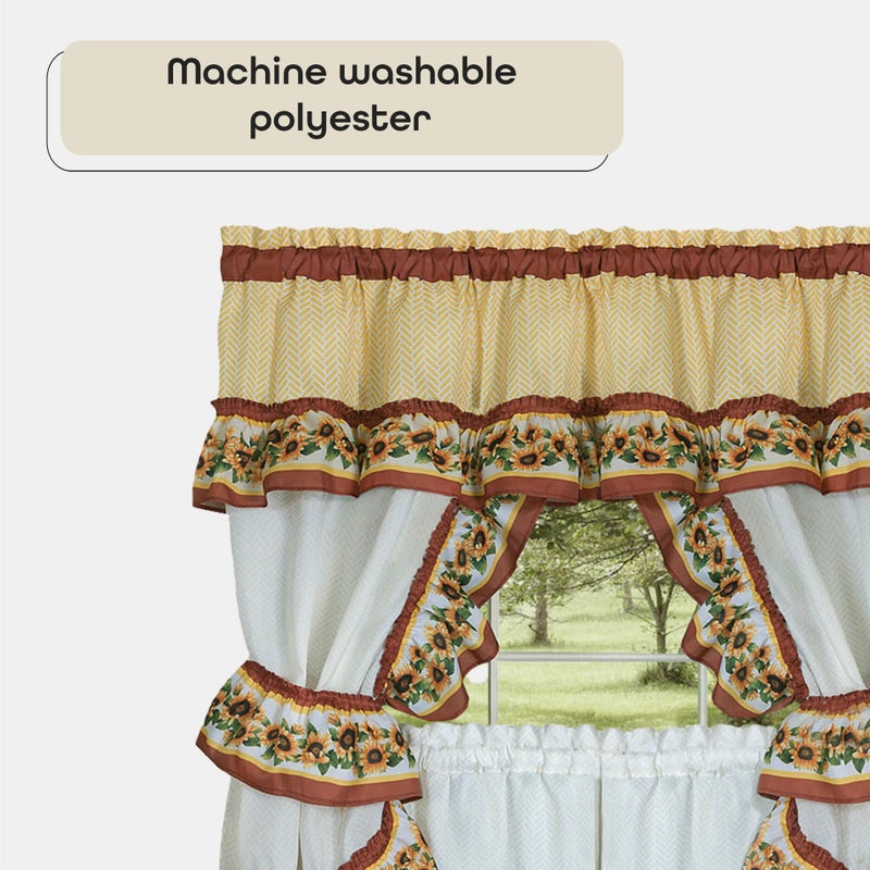 ACHIM Printed Cottage Window Curtain Set - 57 Inch Width, 36 Inch Length - Black Eyed Susan - Polyester Soft Window Treatment Include Valance, Attached Swaggers, Tiebacks & Two Tiers Home Decor - Image 4