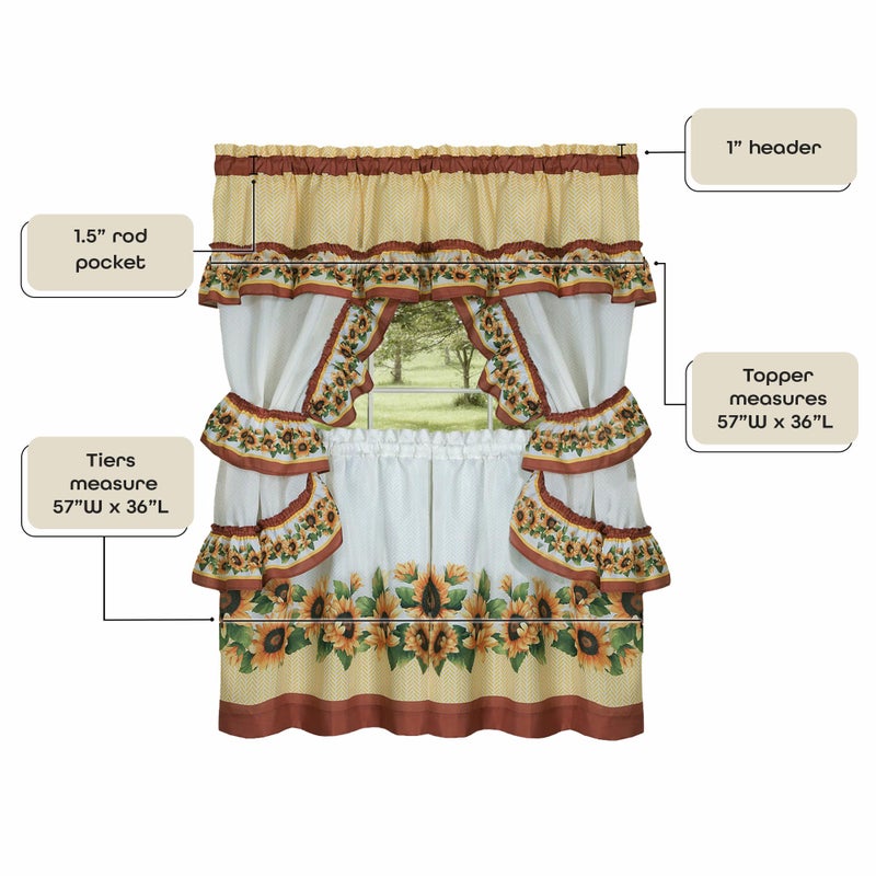 ACHIM Printed Cottage Window Curtain Set - 57 Inch Width, 36 Inch Length - Black Eyed Susan - Polyester Soft Window Treatment Include Valance, Attached Swaggers, Tiebacks & Two Tiers Home Decor - Image 5