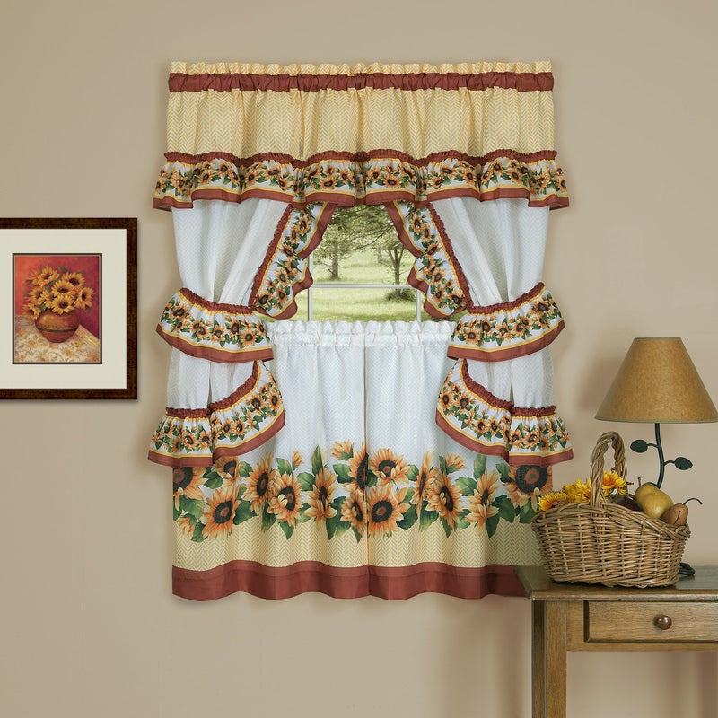 ACHIM Printed Cottage Window Curtain Set - 57 Inch Width, 36 Inch Length - Black Eyed Susan - Polyester Soft Window Treatment Include Valance, Attached Swaggers, Tiebacks & Two Tiers Home Decor - Image 1