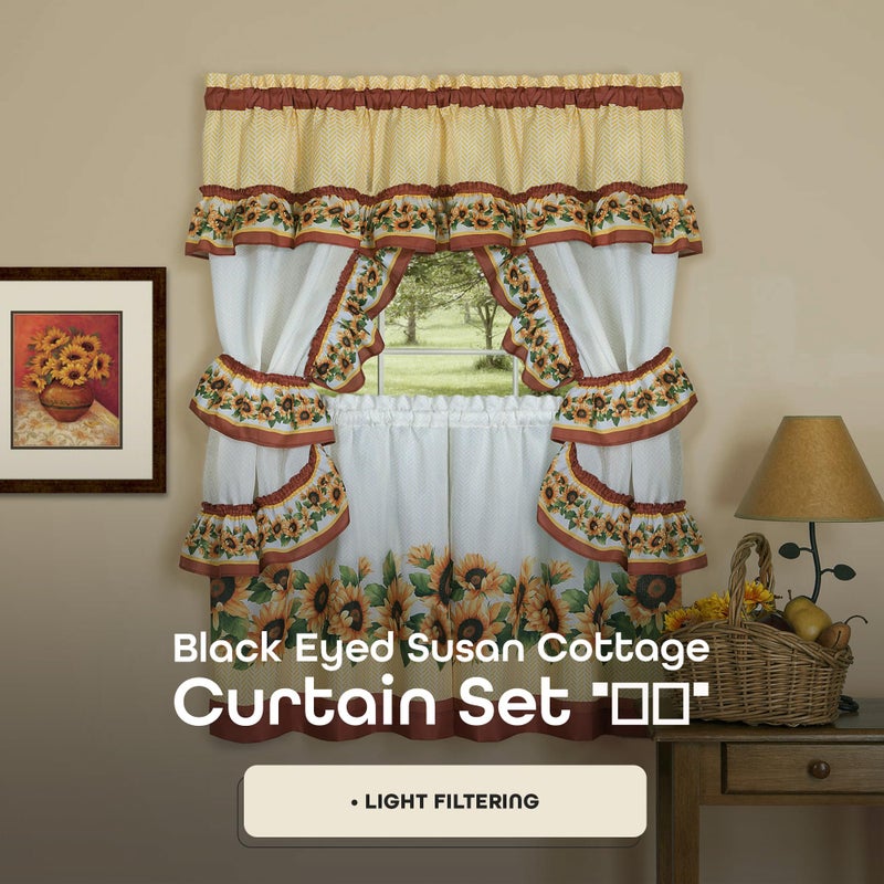 ACHIM Printed Cottage Window Curtain Set - 57 Inch Width, 36 Inch Length - Black Eyed Susan - Polyester Soft Window Treatment Include Valance, Attached Swaggers, Tiebacks & Two Tiers Home Decor - Image 2
