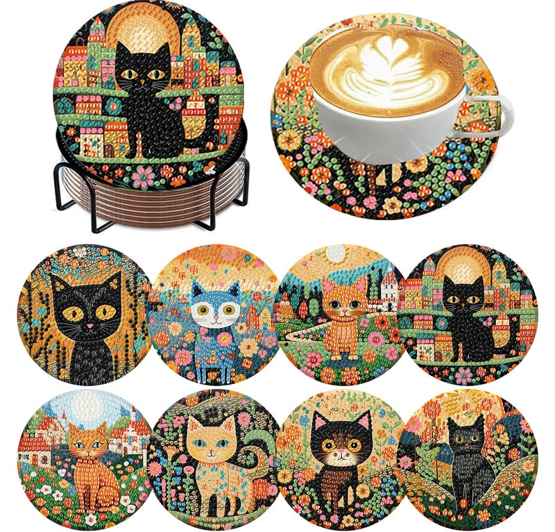 ijbnhd 8 PCS Diamond Art Coasters Kit, Cat Diamond Painting Coasters with Holder, Arts and Crafts Supplies Astral Cat Animals 4X4inch (Cork Wooden Pad) - Image 1