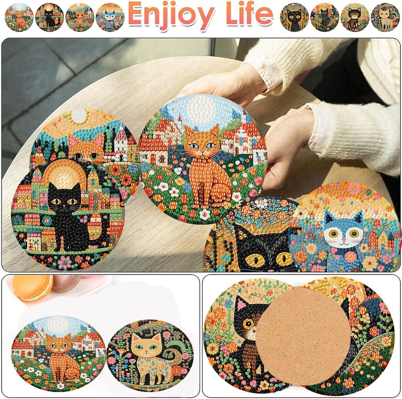 ijbnhd 8 PCS Diamond Art Coasters Kit, Cat Diamond Painting Coasters with Holder, Arts and Crafts Supplies Astral Cat Animals 4X4inch (Cork Wooden Pad) - Image 2