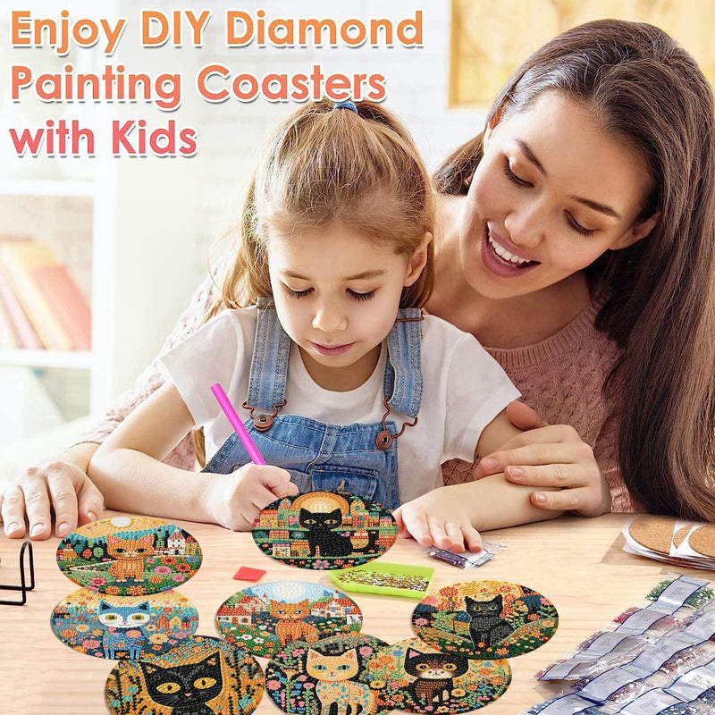 ijbnhd 8 PCS Diamond Art Coasters Kit, Cat Diamond Painting Coasters with Holder, Arts and Crafts Supplies Astral Cat Animals 4X4inch (Cork Wooden Pad) - Image 5