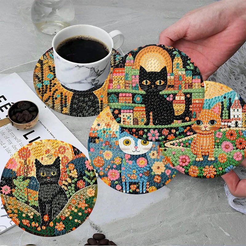 ijbnhd 8 PCS Diamond Art Coasters Kit, Cat Diamond Painting Coasters with Holder, Arts and Crafts Supplies Astral Cat Animals 4X4inch (Cork Wooden Pad) - Image 4