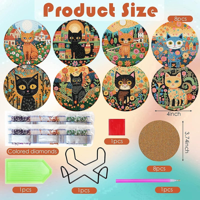 ijbnhd 8 PCS Diamond Art Coasters Kit, Cat Diamond Painting Coasters with Holder, Arts and Crafts Supplies Astral Cat Animals 4X4inch (Cork Wooden Pad) - Image 3
