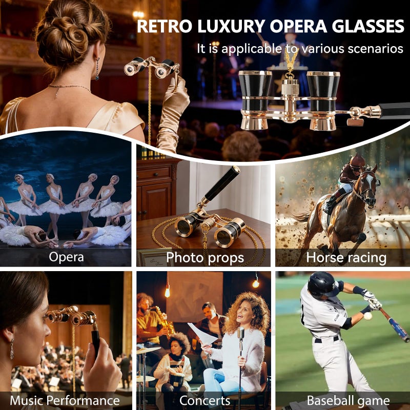 BOSTRON 3X25 Opera Glasses Theater Binoculars Compact with Adjustable Handle & Chain, Portable Vintage Theater Glasses Mini Binoculars for Adults Women Kids for Concerts Opera Houses Cinema(Black) - Image 4