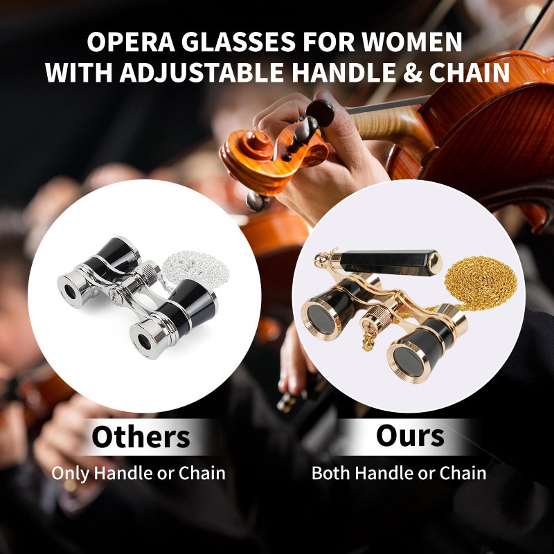 BOSTRON 3X25 Opera Glasses Theater Binoculars Compact with Adjustable Handle & Chain, Portable Vintage Theater Glasses Mini Binoculars for Adults Women Kids for Concerts Opera Houses Cinema(Black) - Image 2