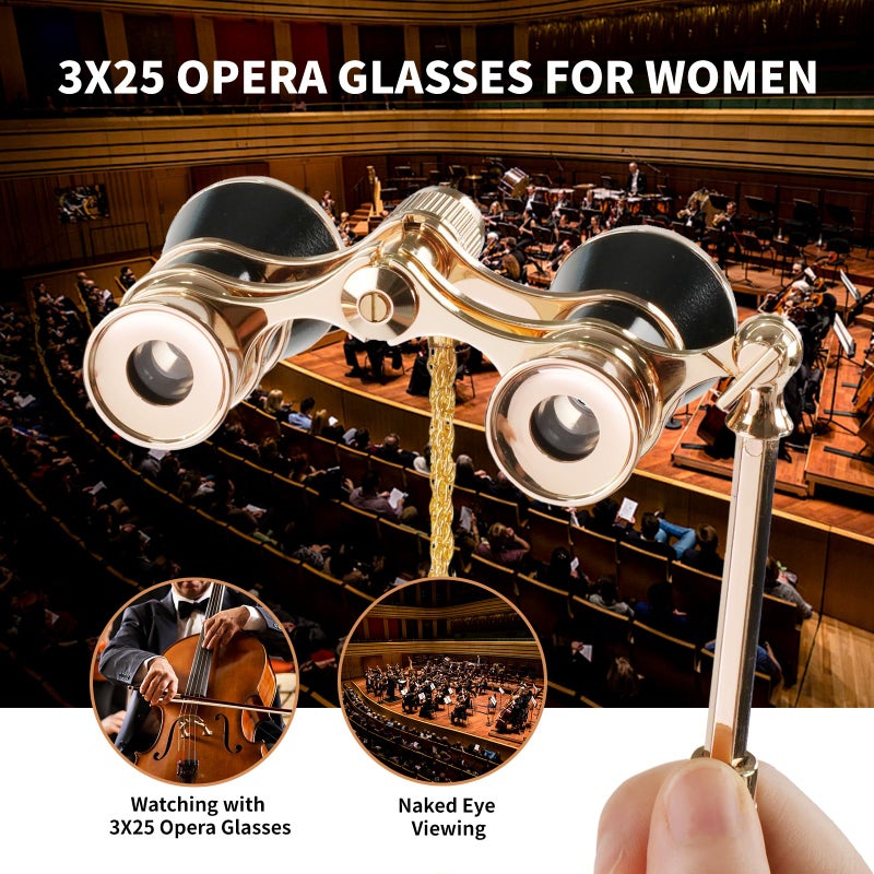 BOSTRON 3X25 Opera Glasses Theater Binoculars Compact with Adjustable Handle & Chain, Portable Vintage Theater Glasses Mini Binoculars for Adults Women Kids for Concerts Opera Houses Cinema(Black) - Image 5