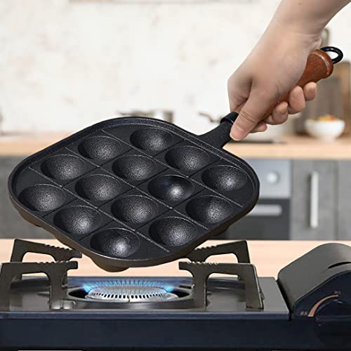 TIKUSAN Takoyaki Pan Cast Iron Takoyaki Maker Skillet Griddle Japanese Octopus Meat Ball Mold Maker Wooden Handle 14 Molds - Image 3